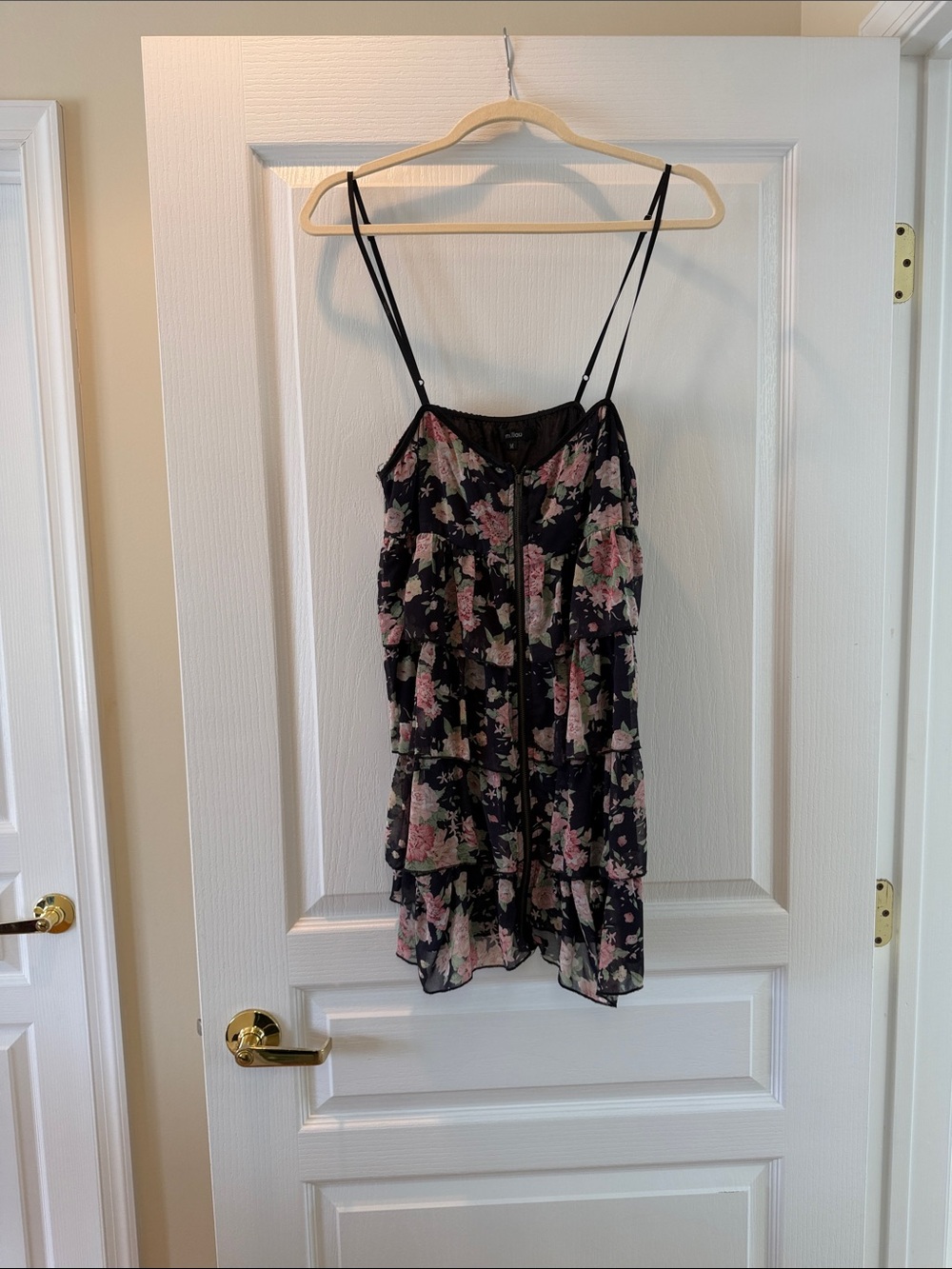 Millau Black Tiered Mini Dress with Pink Floral Print